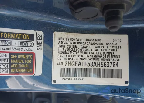 2010 Honda Civic Lx z USA, uszkodzony, nr VIN 2HGFA1F53AH563784